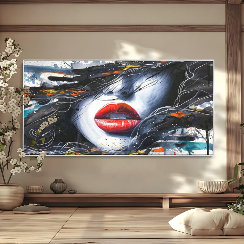 Tablou canvas cu tablou canvas cu buze rosii si par abstract, in rama de aluminiu argintiu